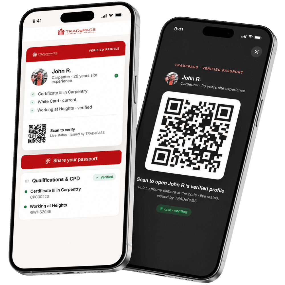 The TRADePASS passport on two phones — a verified profile, and the QR that shares it